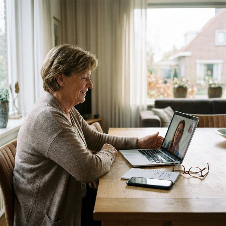 Volwassen dochter videobelt met haar oudere moeder in een lichte Nederlandse woonkamer, met notities en telefoon op tafel voor zorg op afstand.