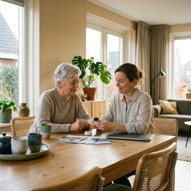 Oudere vrouw in een lichte Nederlandse woonkamer bekijkt samen met haar dochter een gps-horloge en alarmknop aan de eettafel.