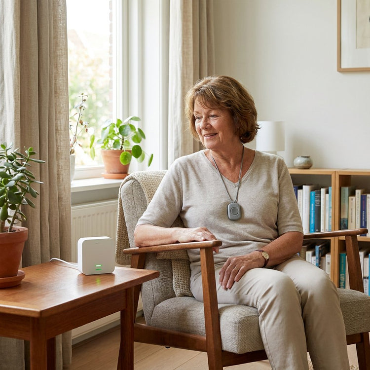 Oudere vrouw in een lichte Nederlandse woonkamer draagt een eenvoudige alarmknop om de hals en kijkt geruststellend naar een basisstation op tafel.