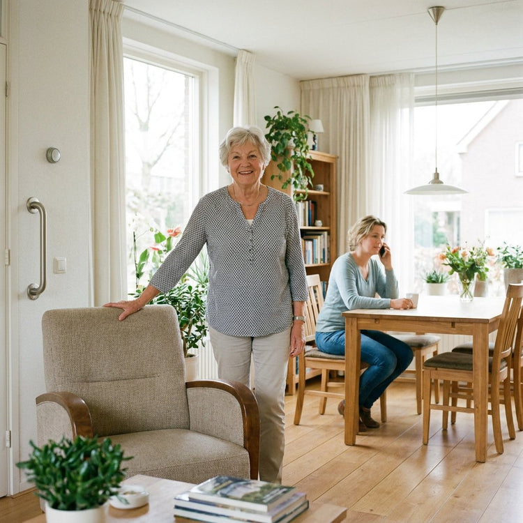 Zelfstandig wonende oudere vrouw loopt rustig door haar lichte woonkamer terwijl een dochter op afstand betrokken is via een geruststellend telefoongesprek.