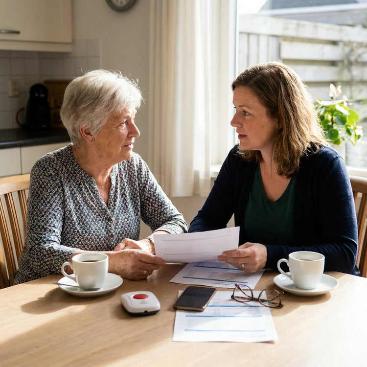 Oudere vrouw en volwassen dochter vergelijken prijzen van personenalarmering aan een lichte keukentafel, met alarmknop, papieren en smartphone.