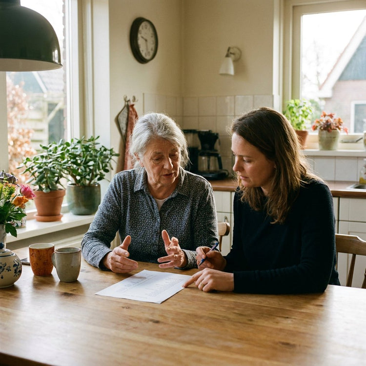 Oudere vrouw aan de keukentafel in een Nederlands huis bespreekt rustig gebruiksafspraken met haar dochter, met focus op veiligheid en duidelijkheid.