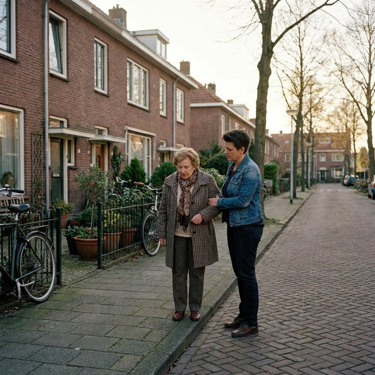 Oudere vrouw staat aarzelend op een rustige Nederlandse stoep terwijl een bezorgde dochter naast haar zachtjes richting geeft in namiddaglicht.