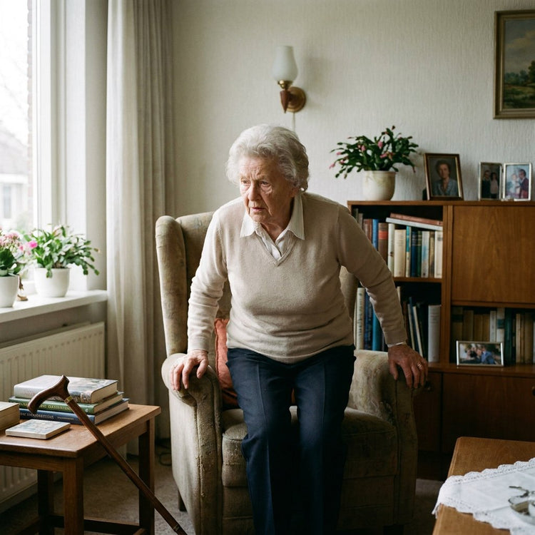 Oudere vrouw staat voorzichtig op uit een stoel in een rustige Nederlandse woonkamer, met geconcentreerde blik en steun aan de armleuning.