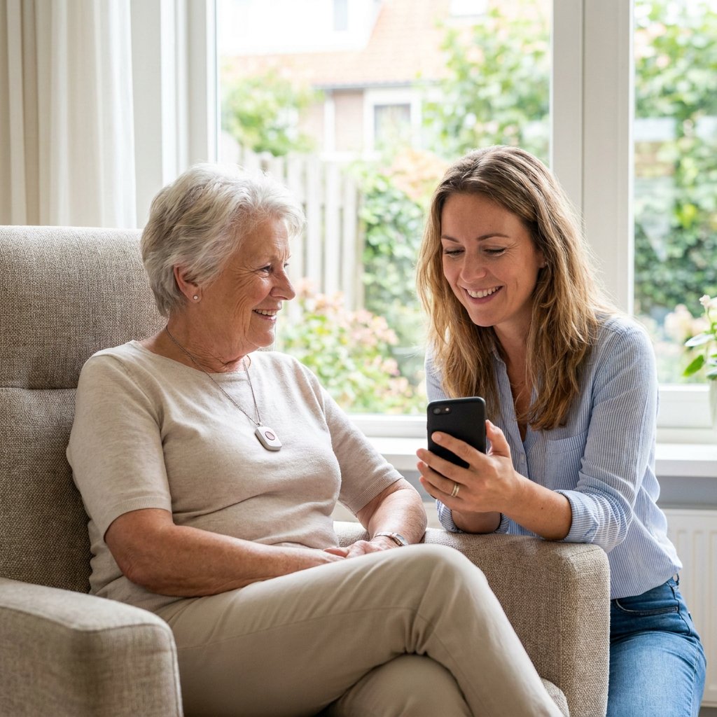 Oudere vrouw thuis met subtiele alarmknop om de hals, terwijl haar dochter op smartphone meekijkt in een warme, rustige Nederlandse woonkamer.