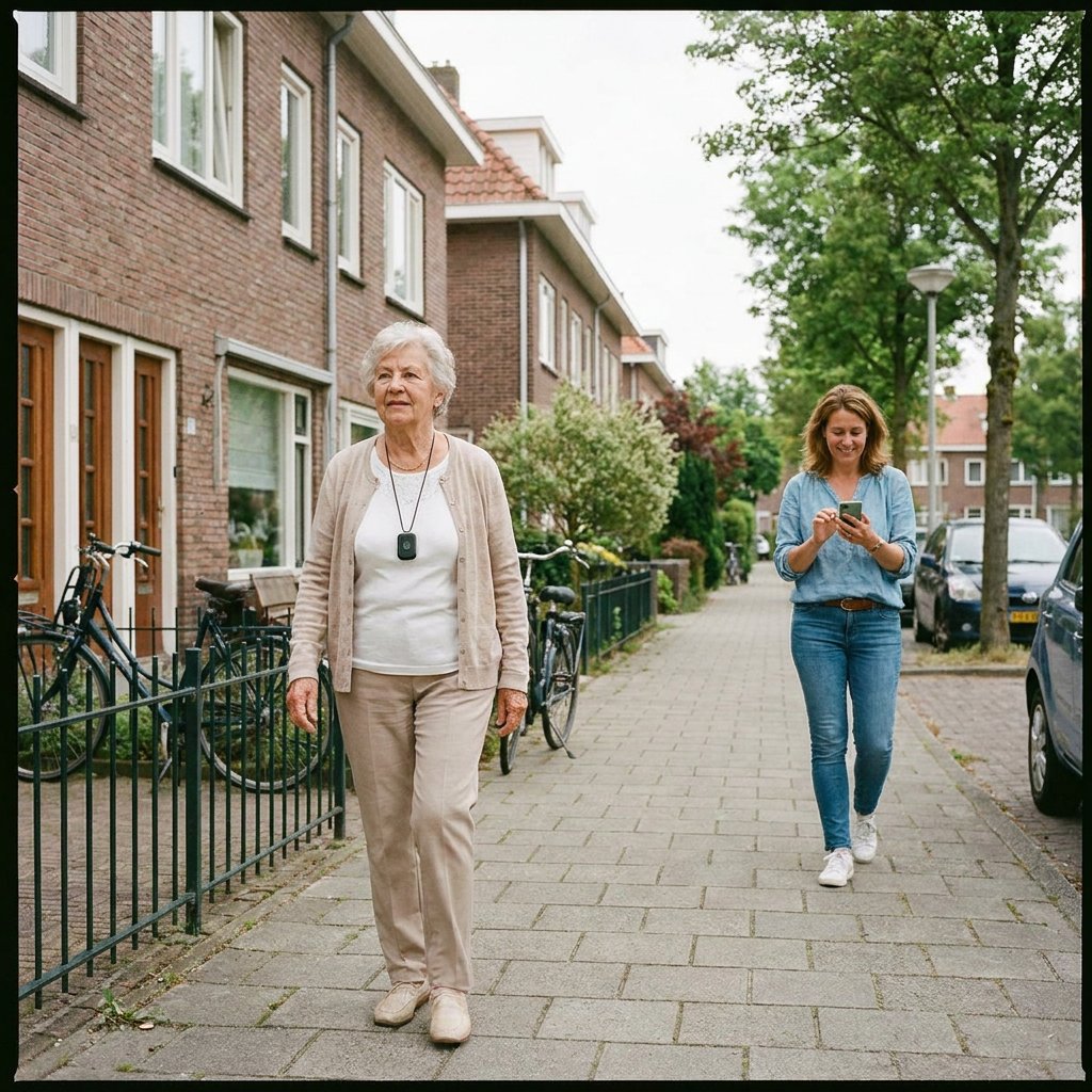 Oudere vrouw wandelt ontspannen door een Nederlandse woonwijk met gps tracker om de hals, terwijl een dochter op haar smartphone meekijkt.