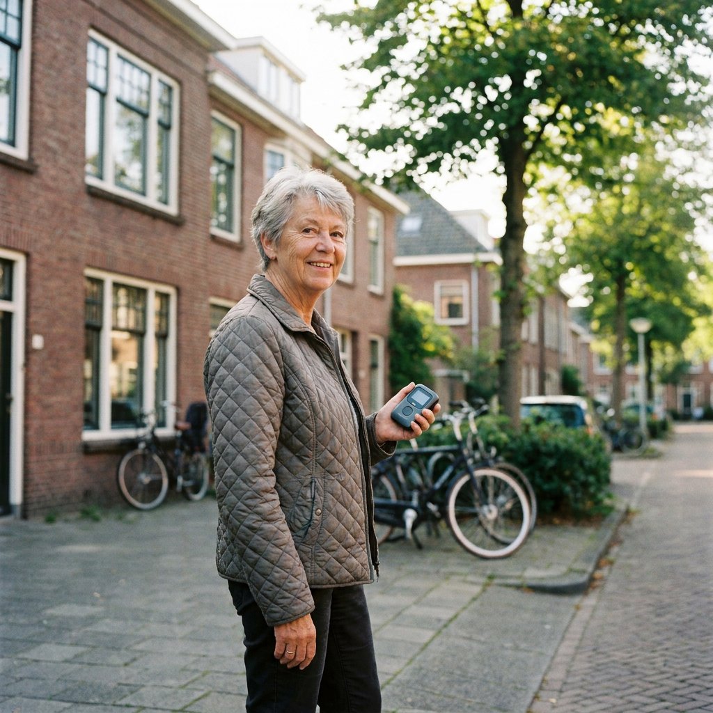 Oudere vrouw wandelt door een rustige Nederlandse straat en houdt een mobiele alarmknop met simkaart vast, in warm natuurlijk daglicht.