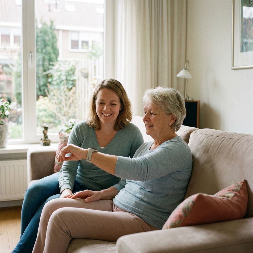 Oudere vrouw in een lichte Nederlandse woonkamer draagt een polsalarm en kijkt geruststellend naar haar dochter die naast haar op de bank zit.